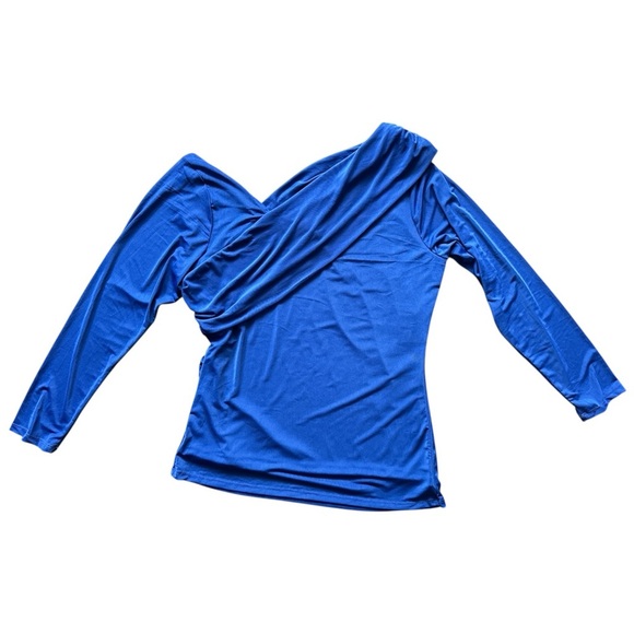 Ashley Stewart Blue Mesh Asymmetrical Long Sleeve Blouse NWT - Picture 4 of 6